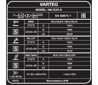 Сварочный полуавтомат VARTEG 180 DUO-S