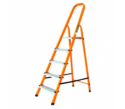 Стремянка, 5 ступеней, стальной профиль, ступени сталь, оранжевая, Россия, Сибртех