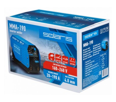 Инвертор сварочный SOLARIS MMA-190 (230В, 20-190 А, 69В, электроды диам. 1.6-4.0 мм, вес 3.4 кг) (MMA-190) Инвертор сварочный SOLARIS MMA-190 (230В, 20-190 А, 69В, электроды диам. 1.6-4.0 мм, вес 3.4 кг) (MMA-190)