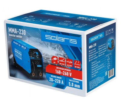 Инвертор сварочный SOLARIS MMA-230 (230В, 20-230 А, 69В, электроды диам. 1.6-5.0 мм, вес 3.7 кг) (MMA-230) Инвертор сварочный SOLARIS MMA-230 (230В, 20-230 А, 69В, электроды диам. 1.6-5.0 мм, вес 3.7 кг) (MMA-230)