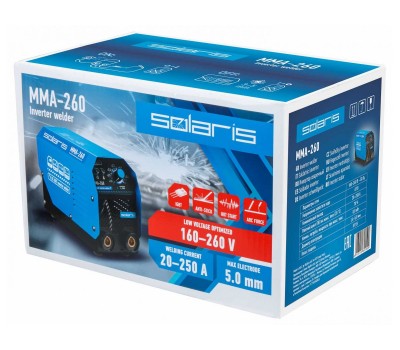 Инвертор сварочный SOLARIS MMA-260 (230В, 20-250 А, 69В, электроды диам. 1.6-5.0 мм, вес 4.3 кг) (MMA-260) Инвертор сварочный SOLARIS MMA-260 (230В, 20-250 А, 69В, электроды диам. 1.6-5.0 мм, вес 4.3 кг) (MMA-260)