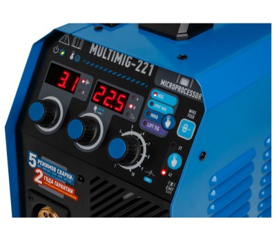 Полуавтомат сварочный Solaris MULTIMIG-221 (230В, MIG/SPOT/FLUX/MMA/TIG, евроразъем, горелка 3 м, смена полярности, 2T/4T, рег.индуктивн.) (SOLARIS) (MULTIMIG-221)