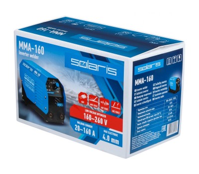 Инвертор сварочный SOLARIS MMA-160 (230В, 20-160 А, 69В, электроды диам. 1.6-4.0 мм, вес 3.0 кг) (MMA-160) Инвертор сварочный SOLARIS MMA-160 (230В, 20-160 А, 69В, электроды диам. 1.6-4.0 мм, вес 3.0 кг) (MMA-160)