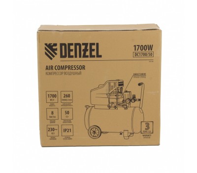 Компрессор воздушный прямой привод DC1700/50, 1.7 кВт, 50 литров, 260 л/мин Denzel