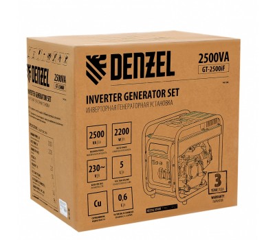 Генератор инверторный GT-2500iF, 2.5 кВт, 230 В, бак 5 л, открытый корпус, ручной старт Denzel