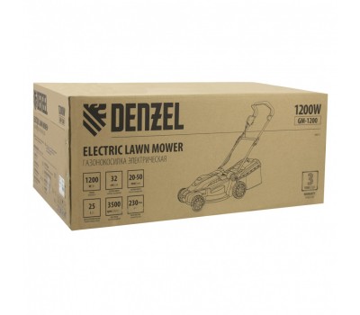Газонокосилка электрическая GM-1200, 1200 Вт, ширина 32 см, 3 уровня, травосборник 25 л. Denzel