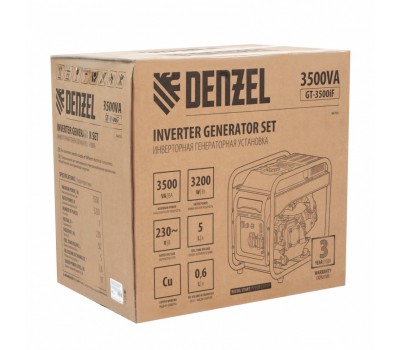 Генератор инверторный GT-3500iF, 3.5 кВт, 230 В, бак 5 л, открытый корпус, ручной старт Denzel