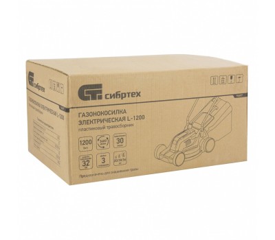 Газонокосилка электрическая L1200, 1200 Вт, ширина 32 см, 3 уровня, пластиковый травосборник 30 л. Сибртех