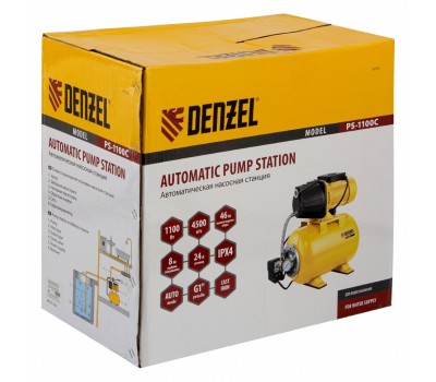 Насосная станция PS1100С, 1100 Вт, 4500 л/ч, ресивер 24 л, подъем 46 м, чугун Denzel