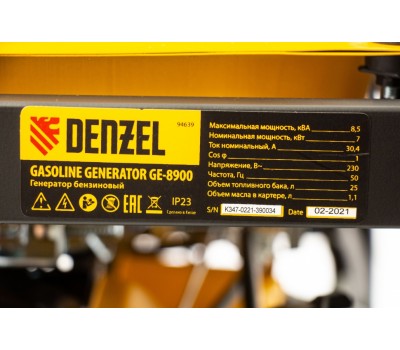 Генератор бензиновый GE 8900, 8.5 кВт, 220 В/50 Гц, 25 л, ручной старт Denzel