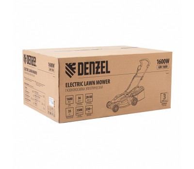 Газонокосилка электрическая GM-1600, 1600 Вт, ширина 36 см, 3 уровя, травосборник 35 л. Denzel